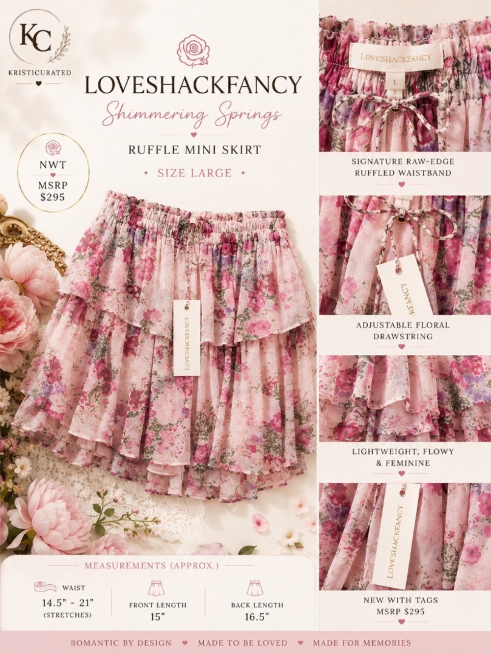 🌸 LoveShackFancy Ruffle Mini Skirt Shimmering Springs Floral NWT L $295 - Picture 2 of 9